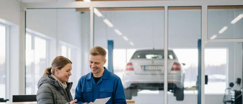 Asiakas ja mekaanikko käyvät läpi huoltokirjaa autokorjaamon vastaanotossa, taustalla auto nosturilla