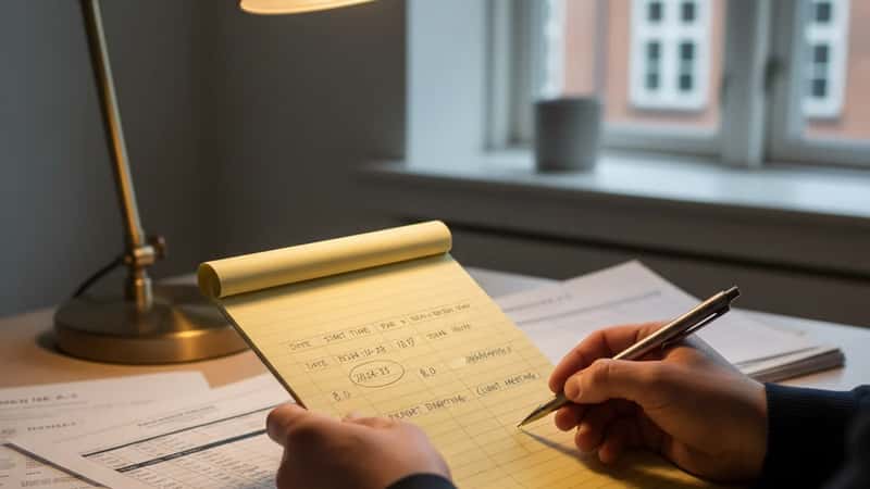 Akademiker ved Roskilde Universitetscenter dokumenterer overarbejdstimer i en notesblok med overenskomstsatser fremme, varmt skrivebordslampe-lys