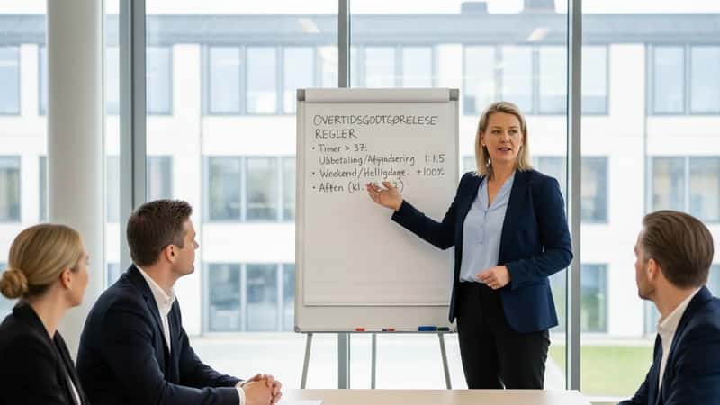 Tillidsrepræsentant forklarer overenskomstens overarbejdsregler på en whiteboard til kolleger i et universitetsmødelokale i Aalborg, overskyet dagslys