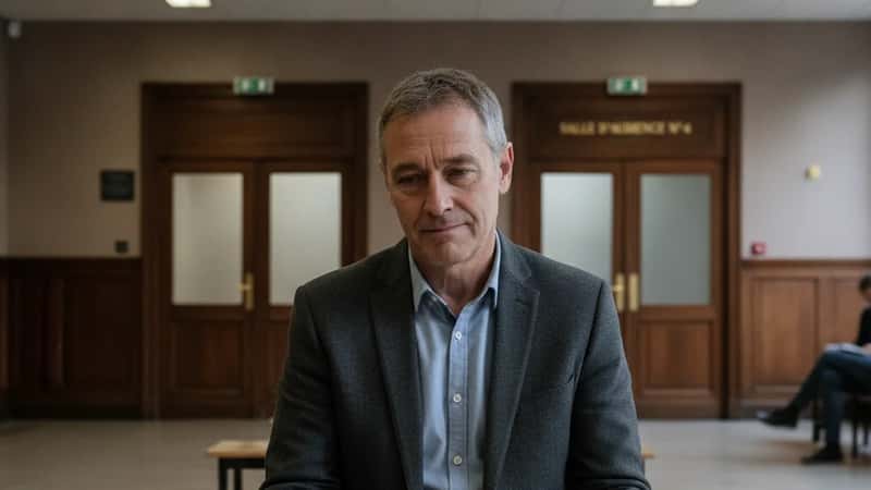 Salle d'attente d'un tribunal judiciaire à Nantes, un propriétaire bailleur assis avec son dossier de loyers impayés avant l'audience