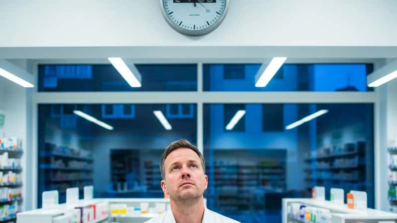 Apotektekniker i Ålesund sjekker klokke sent på kveld ved ekspedisjonsdisk