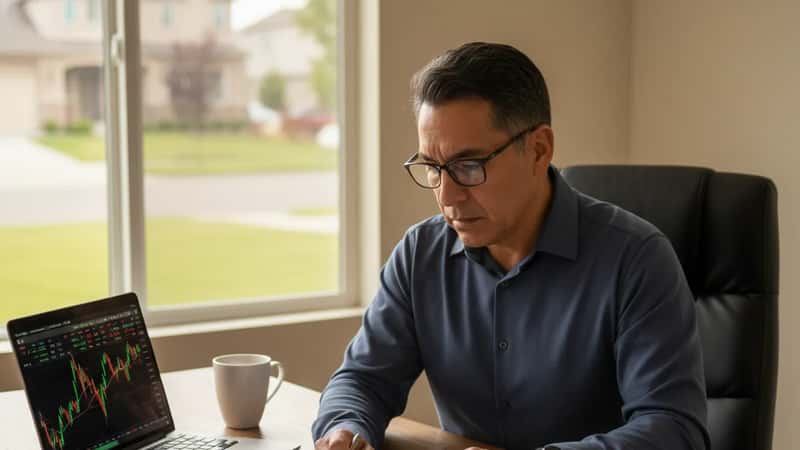 Hombre latino en sus 50s revisando gráficas de inversiones en oficina en casa, documentos financieros y laptop abierta