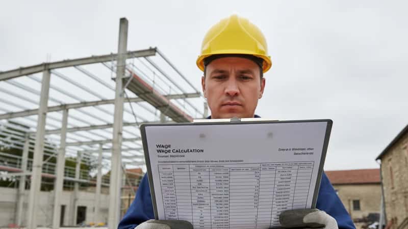 Alaska Native construction worker reviewing overtime pay document on Fairbanks job site