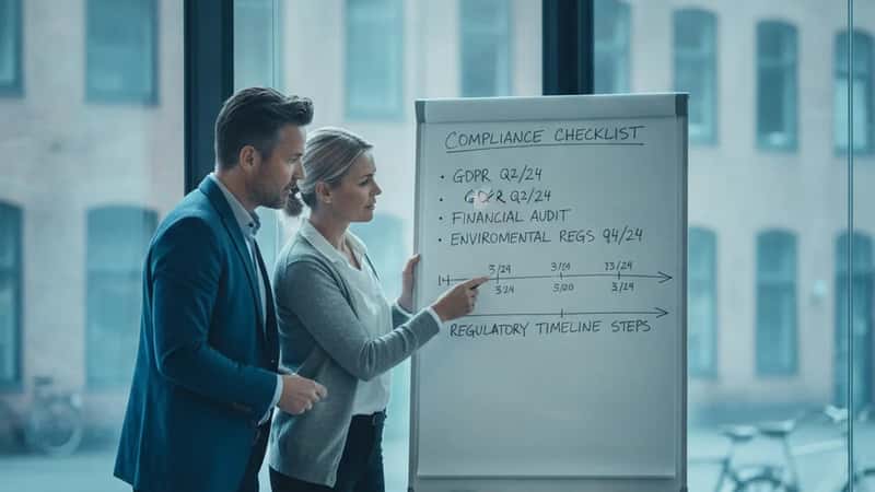 To danske compliance-specialister i 40'erne gennemgår EU AI Act-krav på en whiteboard i et Aarhus-konferencelokale