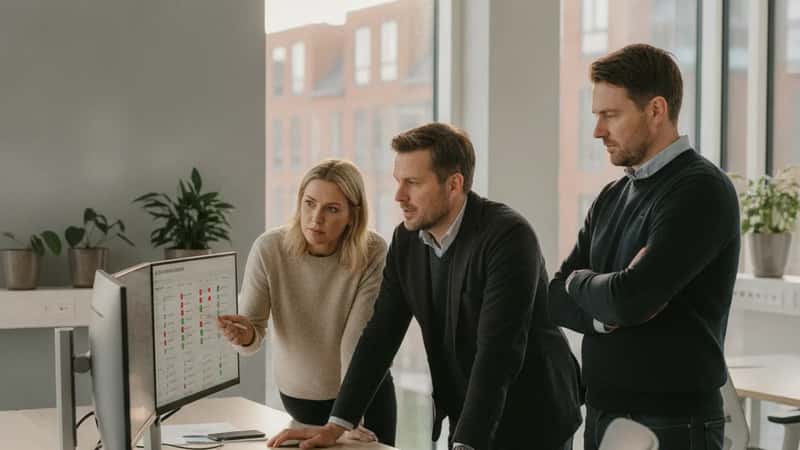 Dansk IT-team i et Københavns kontormiljø evaluerer et AI-risiko-dashboard med compliance-indikatorer på en dobbeltskærm