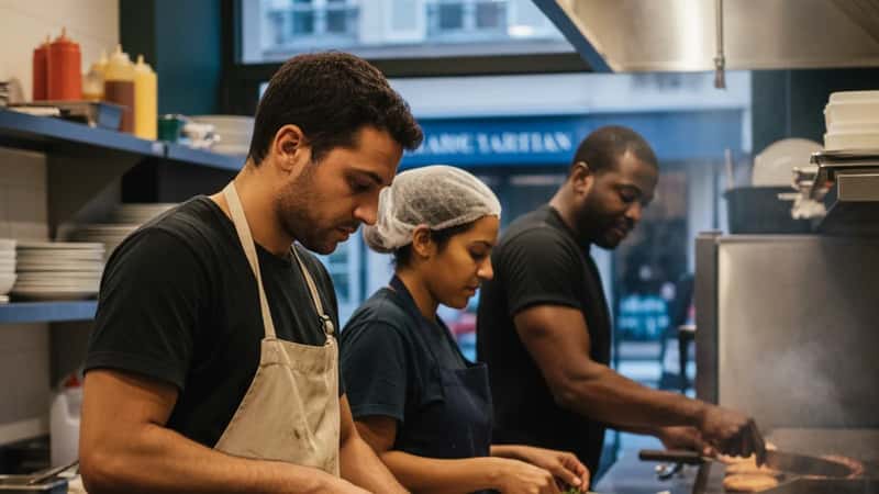 Restaurant kitchen crew prepping food together in an Alabama eatery during a busy shift, overhead commercial kitchen lighting