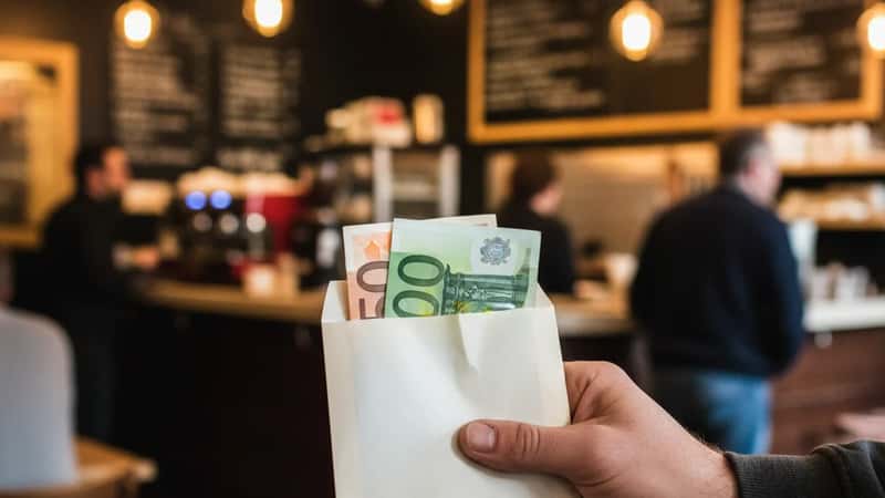 Hand holding a thin pay envelope with cash inside, Alabama restaurant interior blurred in background