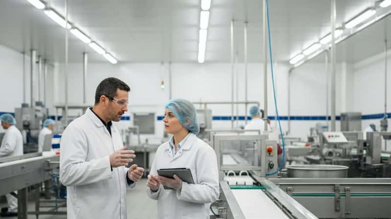 Deux salariés en blouses blanches discutant sur une chaîne de production en charcuterie industrielle en France