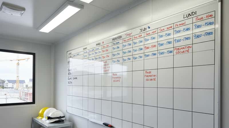 Veckoschema på en whiteboardtavla i ett platskontor på en byggarbetsplats i Sverige