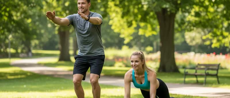 Zwei Personen beim Intervalltraining im Freien in einem deutschen Park mit grünen Bäumen
