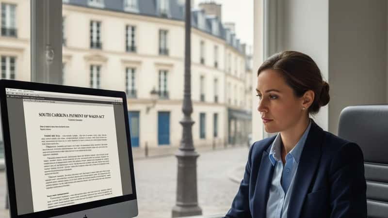 HR compliance officer reviewing SC Payment of Wages Act requirements on a desktop in a Charleston South Carolina office