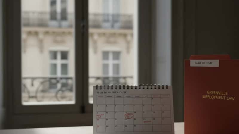 South Carolina final paycheck documents and deadline calendar on a Greenville employment attorney's desk, dramatic side lighting with deep terracotta folder