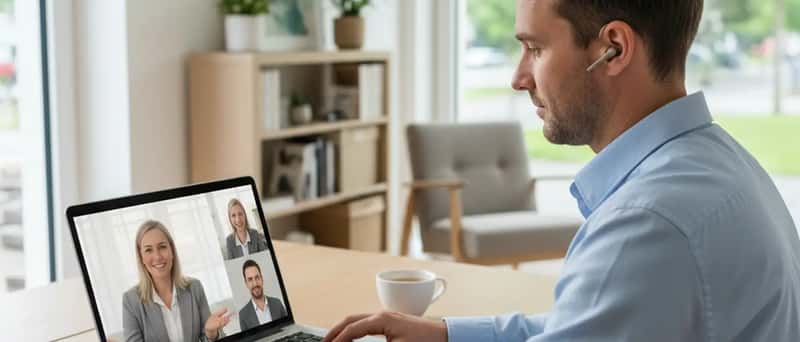 Person nutzt Laptop für eine Online-Videoberatung mit einem Fachberater im Homeoffice
