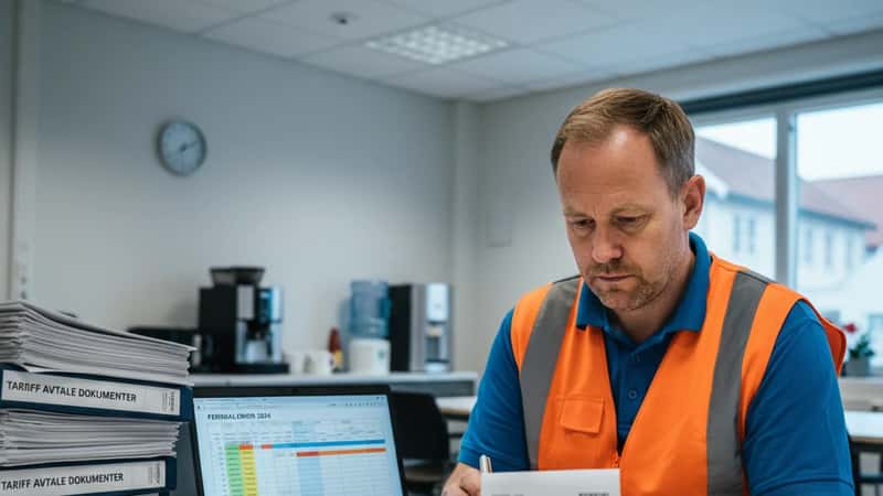 Logistikkmedarbeider i Bergen gjennomgår ferieoppgave og lønnsseddel på pauserom ved et distribusjonssenter