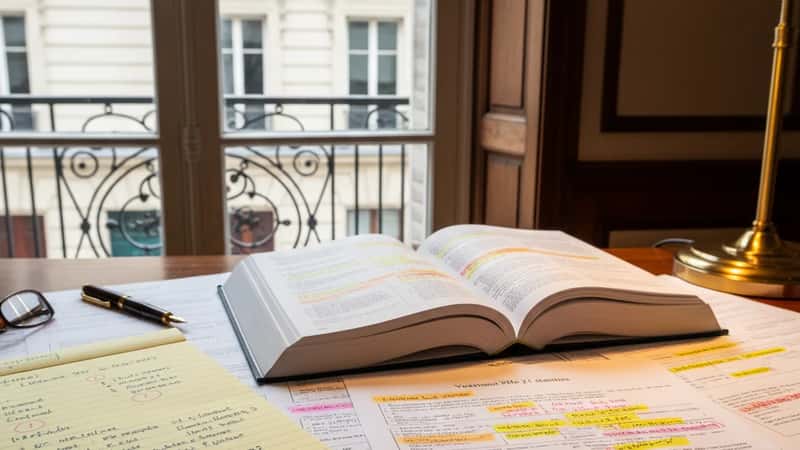 Vermont employment attorney's desk with annotated FLSA statute printouts and overtime calculation notes under warm tungsten light