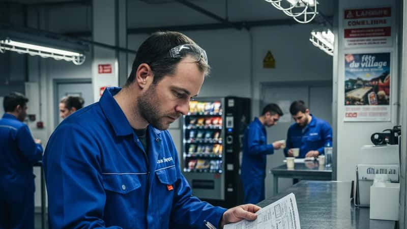 Payroll supervisor reviewing wage compliance checklist in a Vermont manufacturing breakroom, industrial overhead lighting
