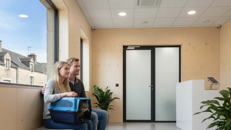 Norsk familie venter med katten sin hos veterinæren i et moderne venterom