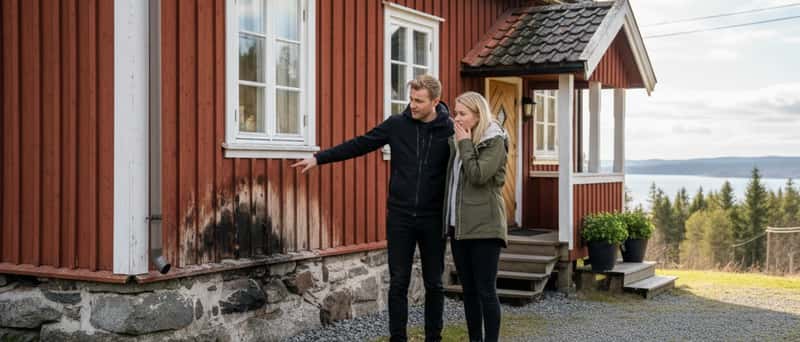 Norsk par undersøker fuktskader på grunnmuren til et trehus