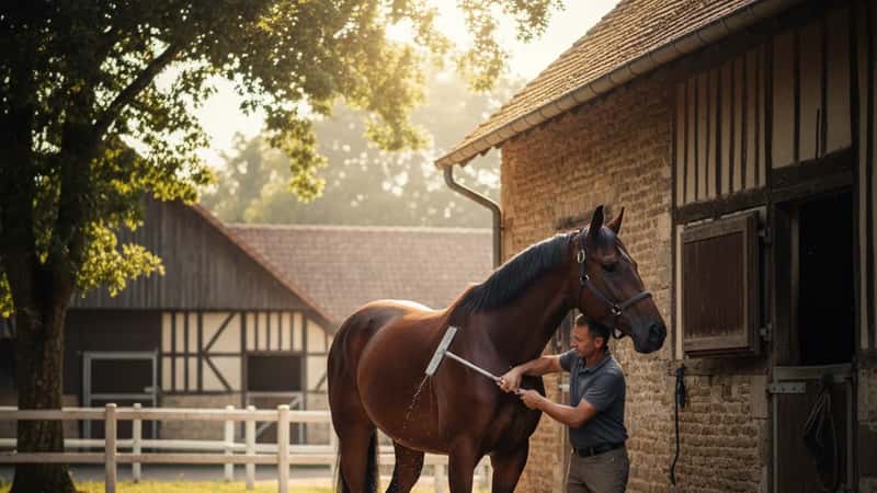 Lad de haras normand utilisant un grattoir sur un cheval alezan après aspersion d'eau fraîche, matin d'été en Normandie, technique de refroidissement équin professionnelle