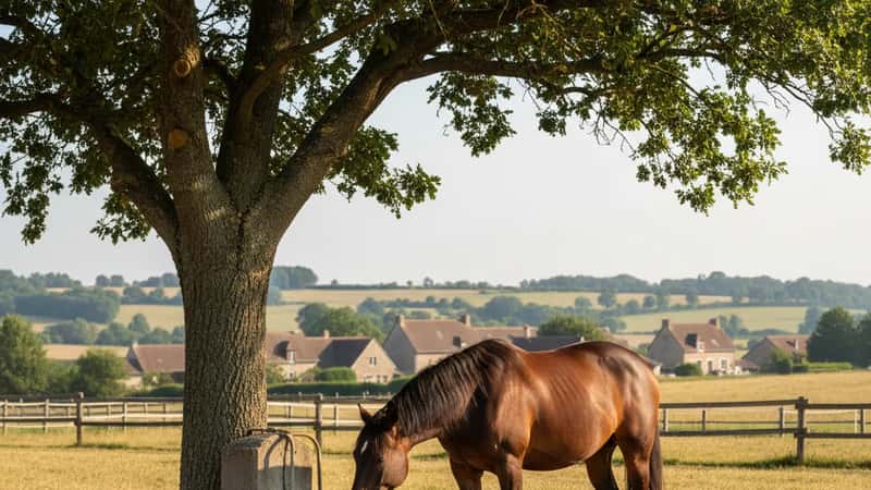 Cheval bai s'abreuvant à l'abreuvoir automatique à l'ombre d'un chêne dans un paddock normand, belle journée d'été, gestion de l'hydratation estivale équine