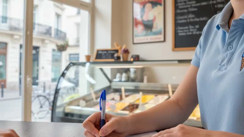 Summer worker signing a meal break waiver form at a Portsmouth New Hampshire ice cream shop counter with manager pointing to signature line