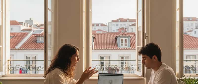 Explicadora de inglês em sessão de tutoria num apartamento em Lisboa com luz dourada da tarde