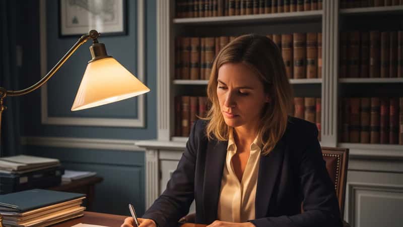 Paralégale française dans un cabinet d'avocats parisien comparant une analyse contractuelle générée par IA avec les documents originaux