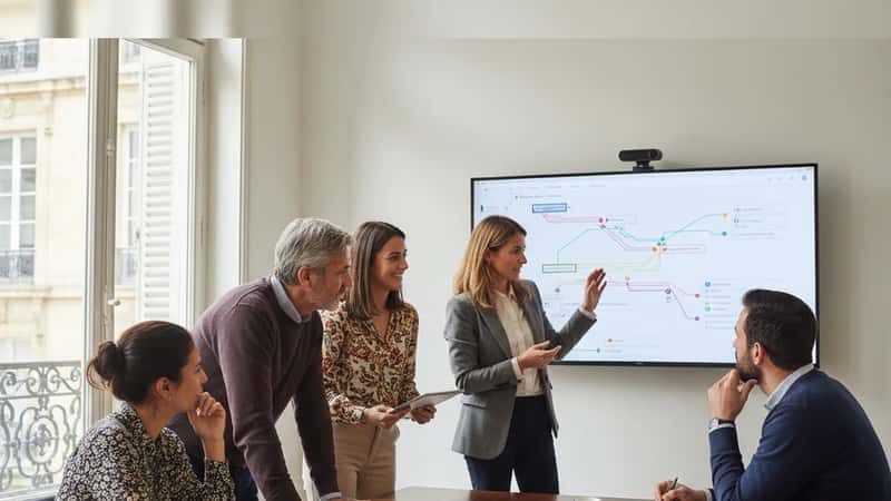 Équipe de salariés français en salle de réunion apprenant ensemble à configurer un outil IA au travail