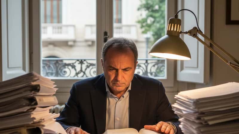 Consulente del lavoro italiano confronta il codice del lavoro con il CCNL su una scrivania a Bari