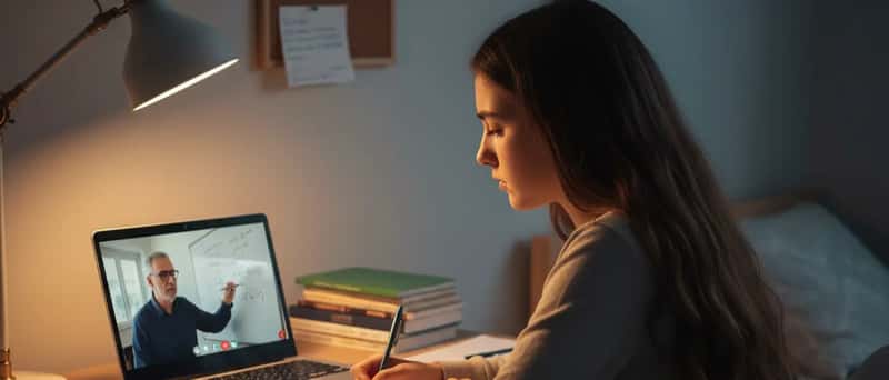 Studentessa italiana alla scrivania segue una lezione di ripetizioni online al computer portatile