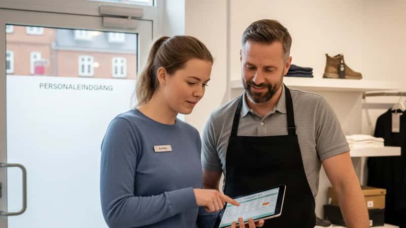 Butiksansat og butikschef i Odense drøfter vagtplanen foran en digital skærm ved personaleindgangen