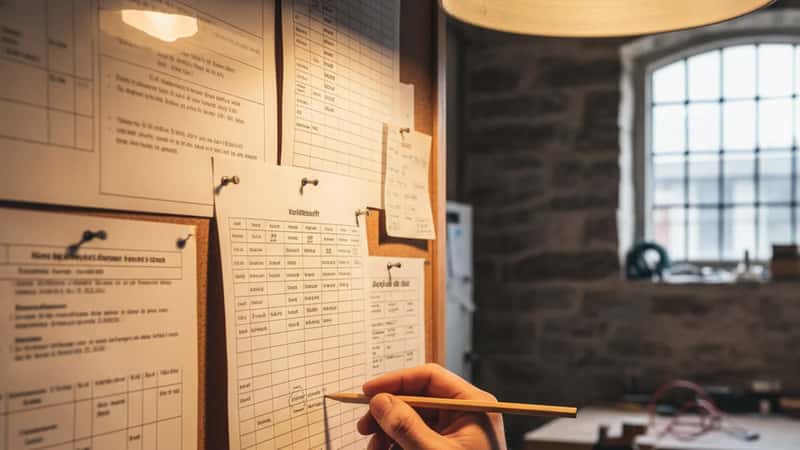 Installatör markerar kvällsskift på ett schema på en anslagstavla i Norrköpings verkstad