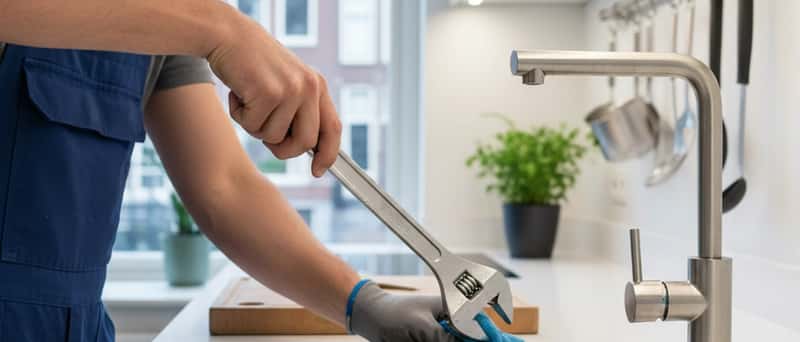 Klusjesman repareert een lekkende keukenkraan met een moersleutel in een moderne Nederlandse keuken