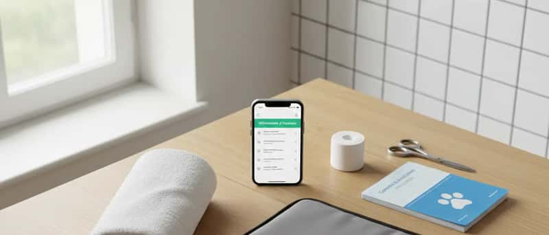 Noodpakket voor huisdieren uitgestald op een keukentafel: telefoon, vaccinatieboekje, verband en transportbench