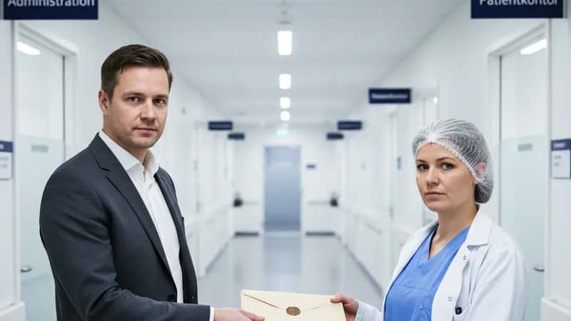 HR-chef i grå jakkesæt overrækker en forseglet kuvert til en bioanalytiker i blå skrubs i en kommunal klinisk korridor i Aarhus