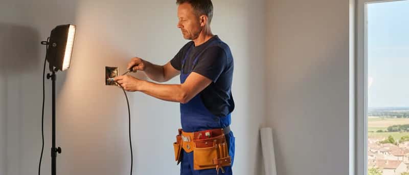 Sähköasentaja asentaa pistorasiaa vastikään rapatussa huoneessa remontointityömaalla