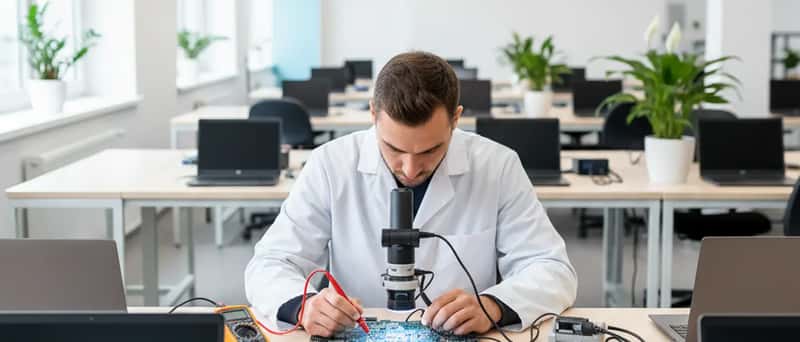 Technicien testant les composants d'un PC portable reconditionné sur un banc de contrôle dans un centre de reconditionnement