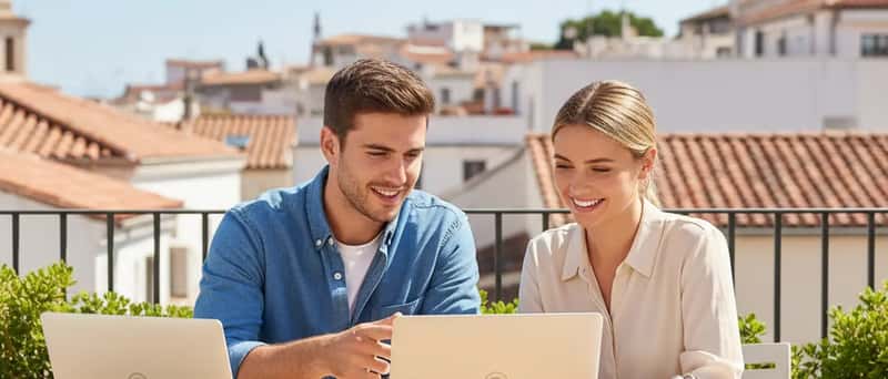 Jeune femme examinant un PC portable reconditionné argenté sur un bureau moderne dans un appartement parisien lumineux
