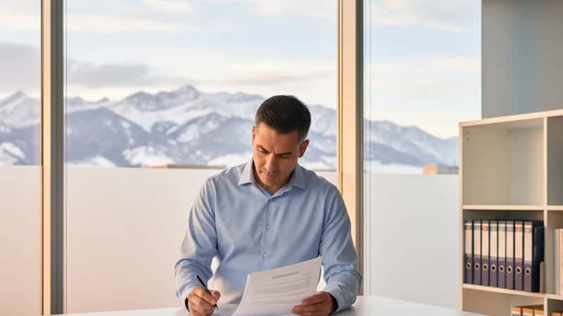 A Hispanic man in business casual reviews an employment contract at a standing desk in a Salt Lake City office with Wasatch Mountain peaks visible through the window