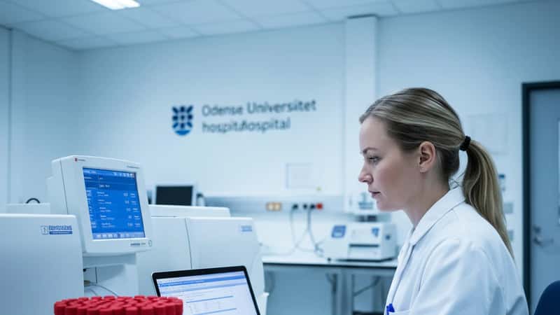 Kommunal bioanalytiker registrerer overarbejdstimer på laptop ved klinisk arbejdsstation i Odense Universitetshospitals laboratorium