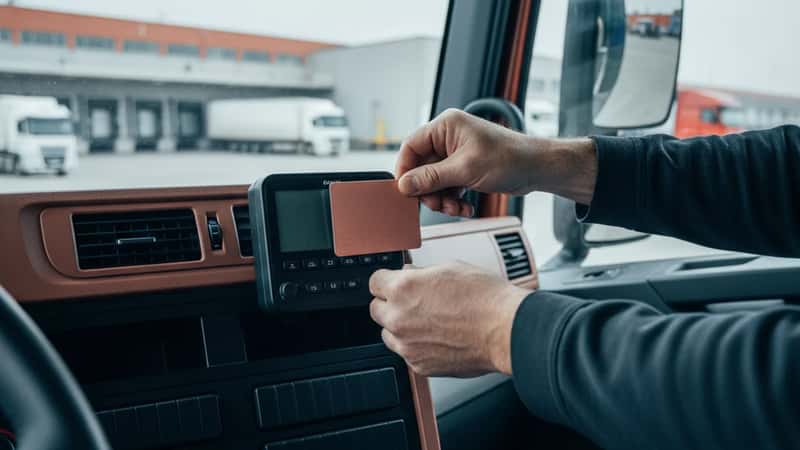 Mani di autista che inserisce la carta conducente nel tachigrafo digitale nella cabina di un camion pesante in area logistica di Bologna