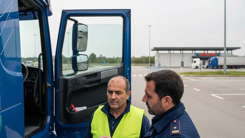 Ispettore dei trasporti esamina stampa tachigrafo con autista in area di sosta sull autostrada vicino Padova, luce naturale diffusa