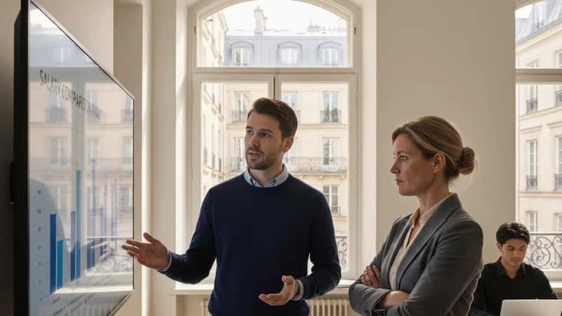 Svensk ingenjör diskuterar löneökning med chef vid dator med lönedata i Göteborgskontor