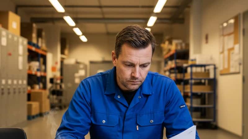 Lagerarbetare studerar kollektivavtalet Lager- och e-handelsavtalet 2025-2027 i ett distributionscenter nära Malmö
