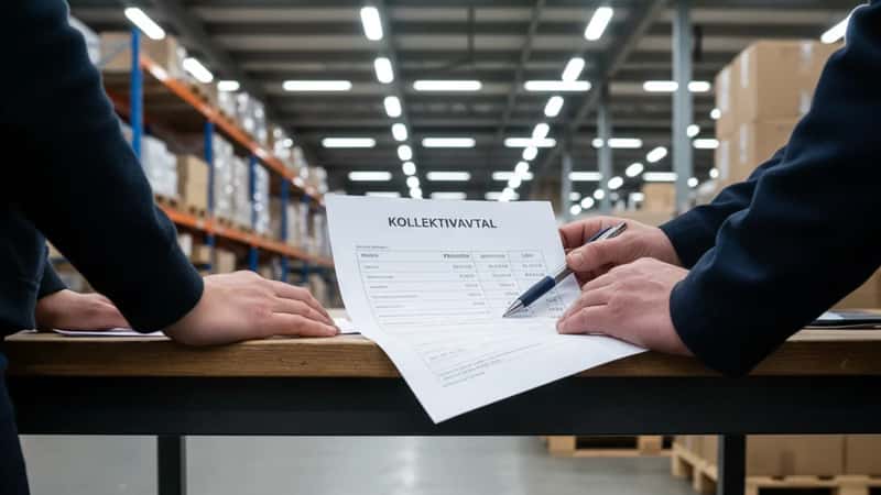 Händer som granskar löne- och pensionstabell i Lager- och e-handelsavtalet på ett kontorsbord i ett lager