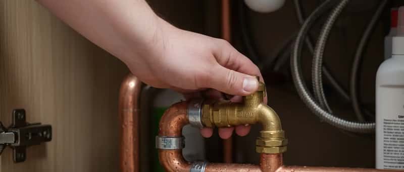Homeowner turning a brass stopcock valve under a kitchen sink to shut off the water supply