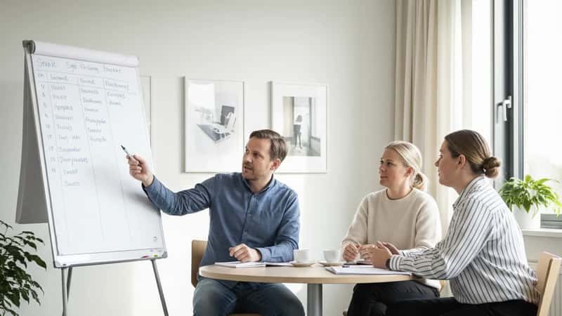 Ergoterapeut og kolleger diskuterer arbejdsplan i mødelokale på Esbjerg kommunekontor