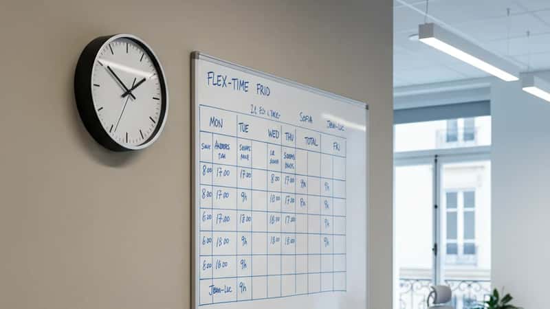 Flextidsschema på whiteboard med kärntid och flexramar i modernt IT-kontor, strukturerad arbetstidsflexibilitet