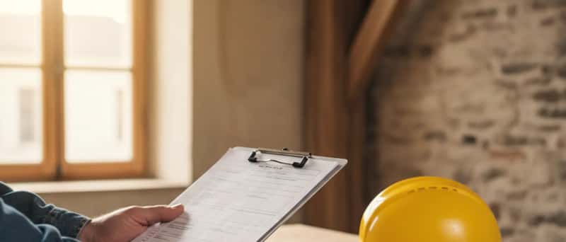 Contractor reviewing a checklist and building permits on a plywood job-site table with a hard hat and tape measure nearby