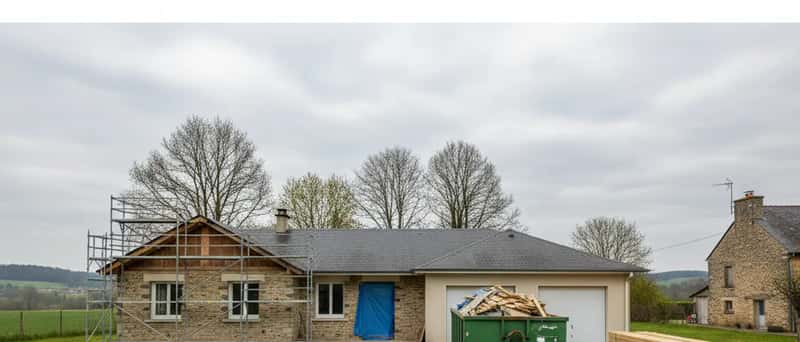 American suburban ranch home undergoing renovation with scaffolding, stacked lumber, and a dumpster in the driveway on an overcast spring morning